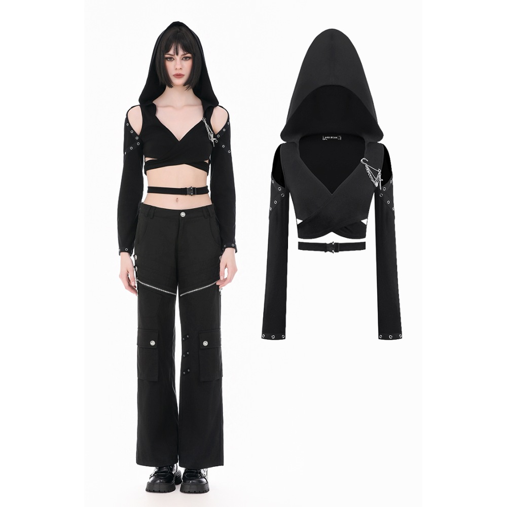 Dark in Love - Punk DarkWear Hooded with ColdShoulder and Metallic PinChain Accents Crop top - Black